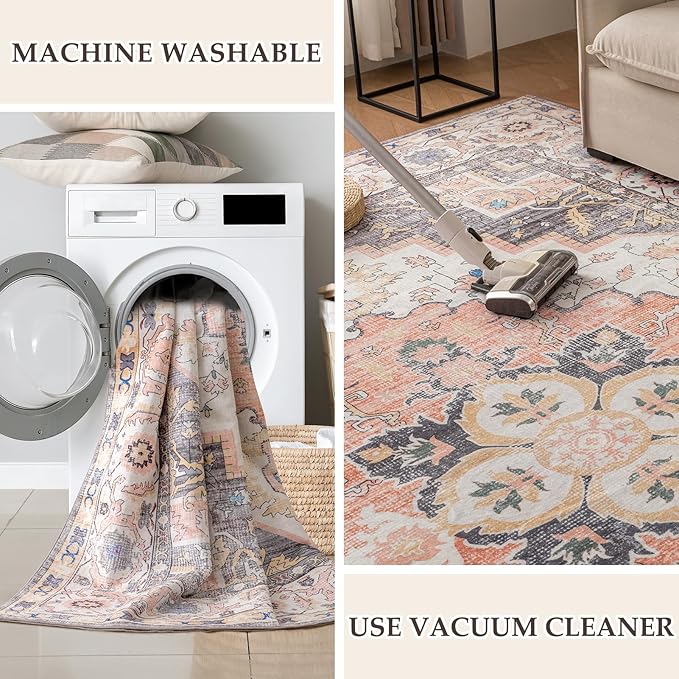 VK VK·LIVING Machine Washable Rug 6'x9' Vintage Design Washable Area Rugs with Non Slip Rugs for Living Room Bedroom Traditional Woven Carpet Stain Resistant, Dining Office Boho Rug (Mistyrose)