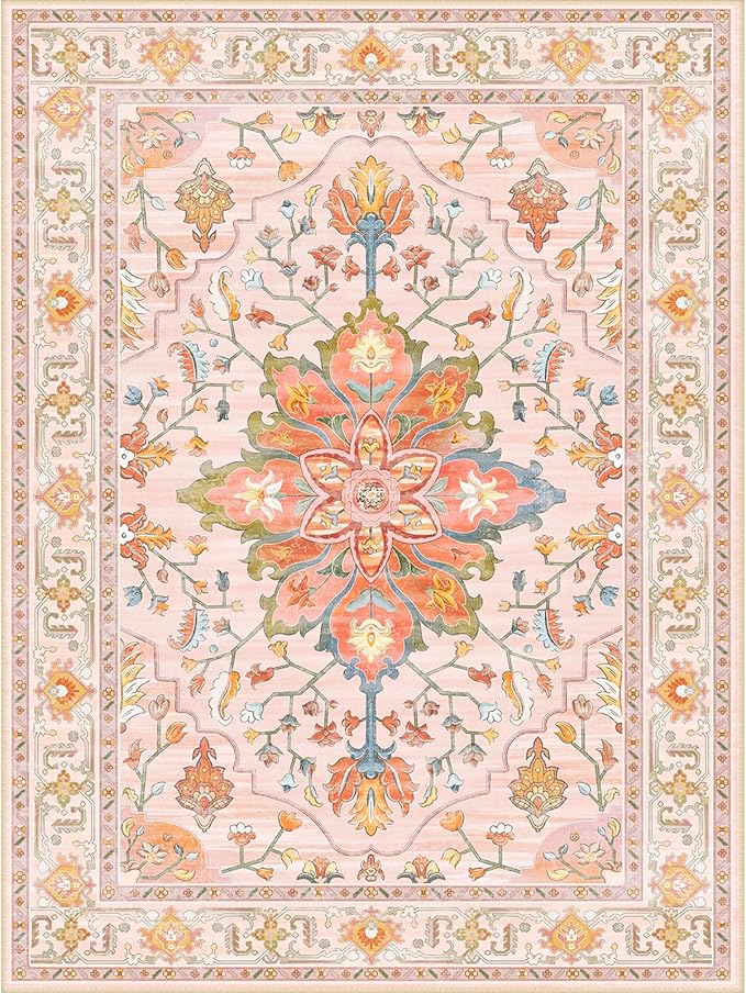 Area Rugs Square 6ft Washable Non-Slip, Floral Vintage Distress Print Pattern Medallion Carpet for Living Room Bedroom Dining Room, Light Pink Colorful