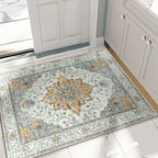 Area Rugs 2'x3' Washable Non-Slip, Floral Vintage Distress Print Pattern Medallion Carpet for Living Room Bedroom Dining Room, Light Yellow Carbon Grey Orange