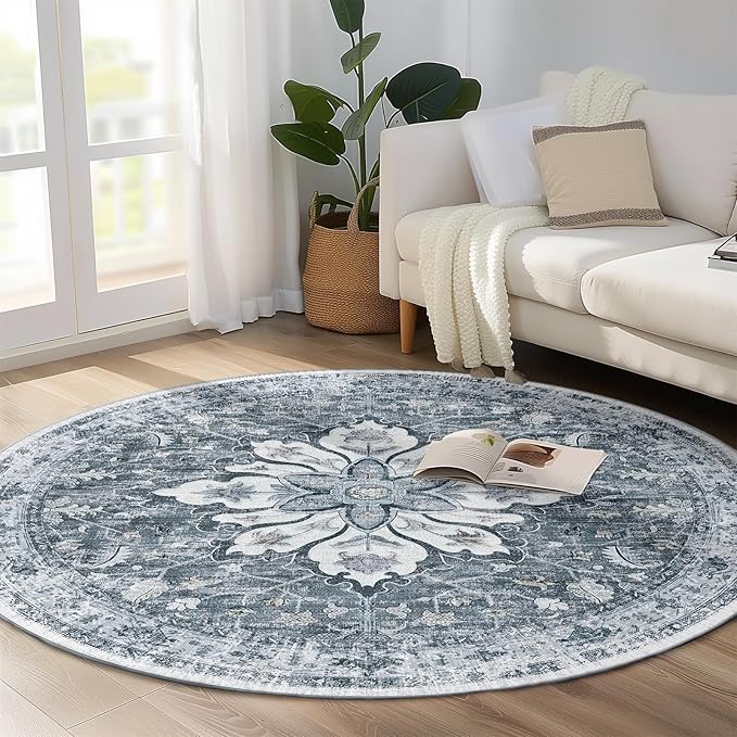 Area Rugs 5ft Washable Non-Slip, Floral Vintage Distress Print Pattern Medallion Carpet for Living Room Bedroom Dining Room, Light Gray Grey White