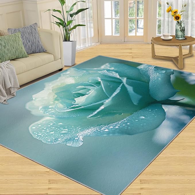 5x7 Blue-Rose Rugs for Bedroom - Realistic Florals Print Rug, Flowers Rug Non Slip Soft Rugs for Living Room Hardwood Floors Teen Room