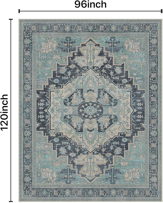 GENIMO 8X10 Area Rugs for Living Room, Machine Washable Vintage Floor Cover Foldable Modern Non Slip Rug, Low Pile Soft Indoor Carpet Floral Print Mat Rug,Bedroom/Dining Room/Home Office,Teal