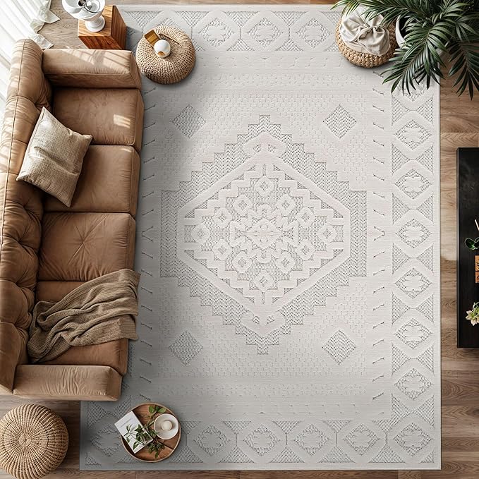 Modern Micro Loop Indoor Area Rugs for Living Room Bedroom Kitchen Geometric Trellis White 6x9 Luxury Durable Low and High Pile Non-Shedding Stain Resistant Soft Area Carpet 6 x 9