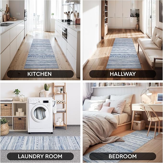 2x6 Runner Rug Machine Washable Non Slip Area Rug Distressed Neutral Moroccan Boho Rug Ultra Soft Floor Runners for Hallways for Entryway Laundry Room Kitchen, Blue