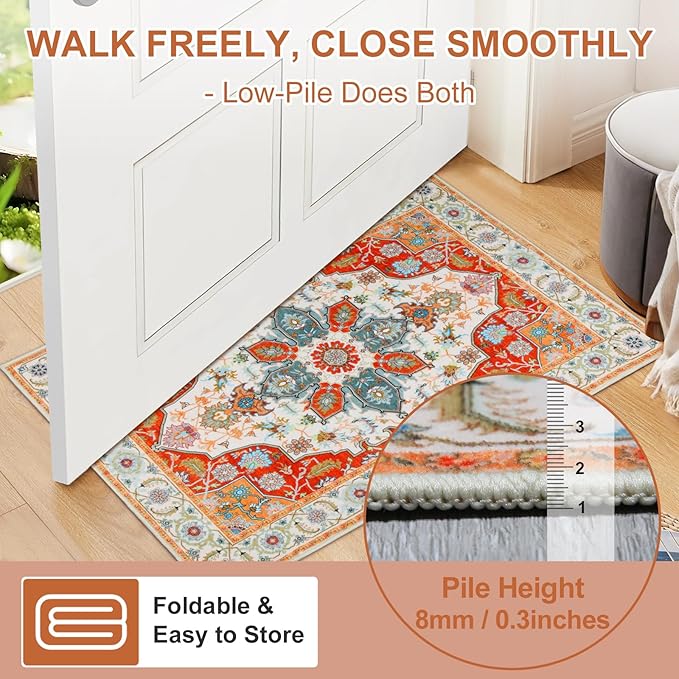 WILLSUN Washable Area Rugs, 9x12 Non-Slip Boho Large Area Rugs for Living Room, Bedroom, Machine Washable Vintage Rug, Indoor Floral Print Carpet for Home Decor, Kid & Pet Friendly Mat
