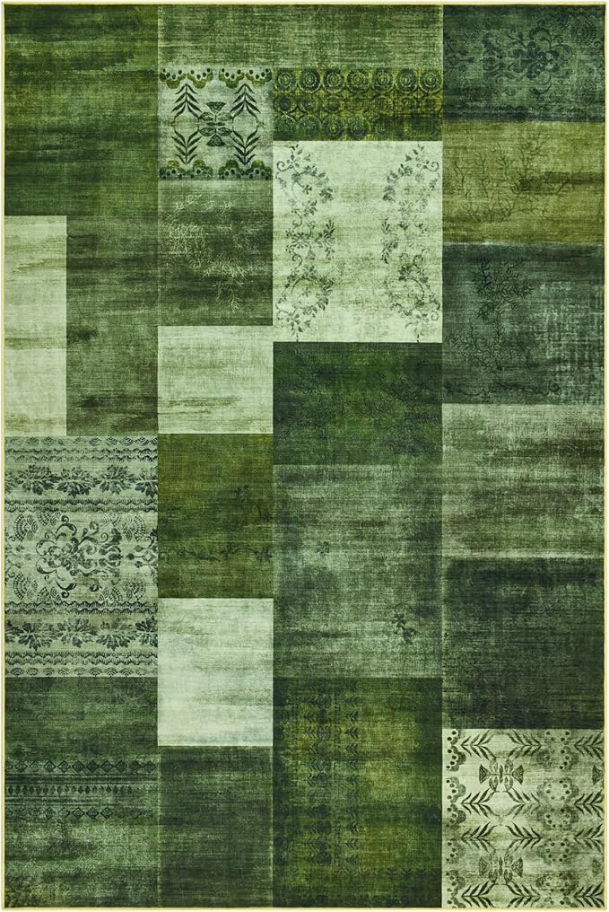 Tepook Modern Area Rug for Living Room, 6x9 Geometric Large Rugs for Bedroom, Washable Patchwork Rug Indoor Non-Slip Throw Carpets for Dining Room Office Farmhouse Home Decor, Green