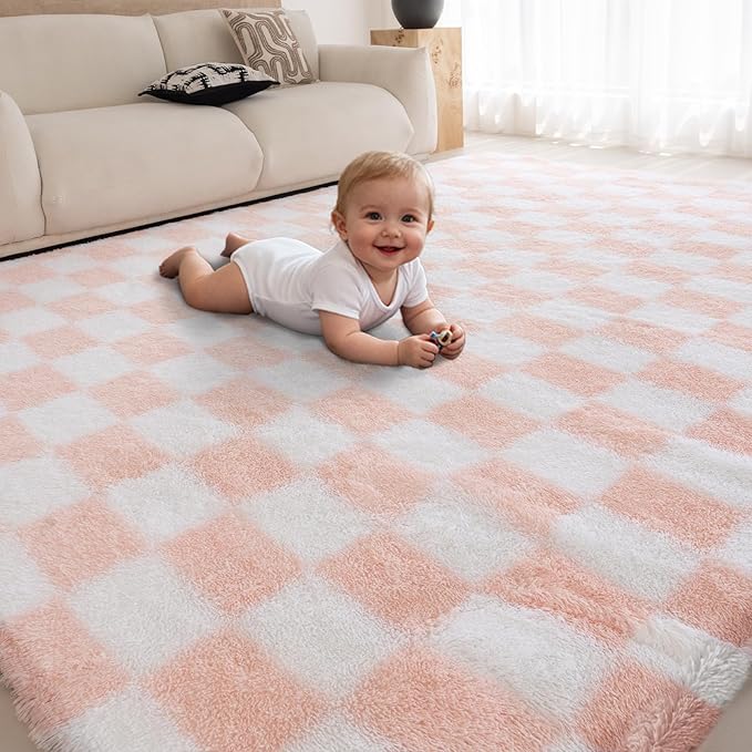 5x7 Area Rugs for Living Room Bedroom, Soft Fluffy Shaggy Bedside Rug, Indoor Floor Carpet for Kids Playroom, Dorms, Nursery Rooms, Home Decor (Pink & White 5'x7')