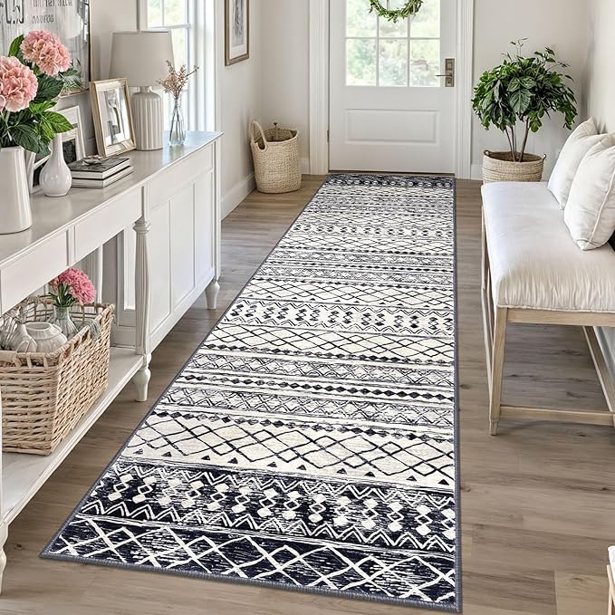 KUTA Moroccan Washable Runner Rug, 2.6x10 Non-Slip Vintage Black Navy Blue Boho Hallway Kitchen Rugs Ultra Soft Geometric Floor Carpet Runners for Bedroom Laundry Living Room