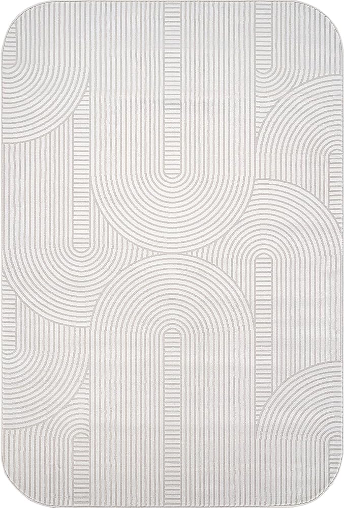 Beverly Rug Modern Geometric Area Rug 5x7 Low-High Pile Durable Soft Abstract Semi-Circles Indoor Rugs for Living Dining Room Office Stain Resistant Non Shedding Indoor Carpet Beige White 5 x 7