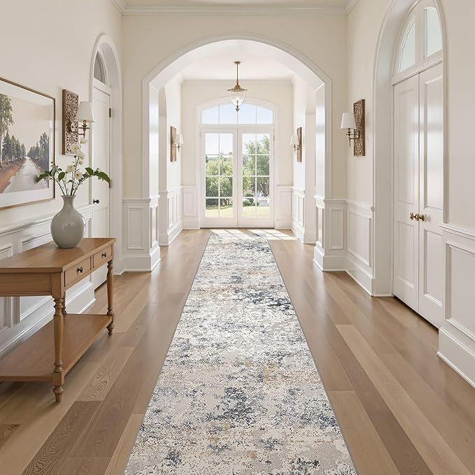 Washable Runner Rug for Hallway: 2.6x14 Neutral Modern Abstract Low Pile Area Rug with Non-Slip Backing - Carpet for Bedroom Kitchen Laundry Entryway Bathroom Indoor - Beige Blue