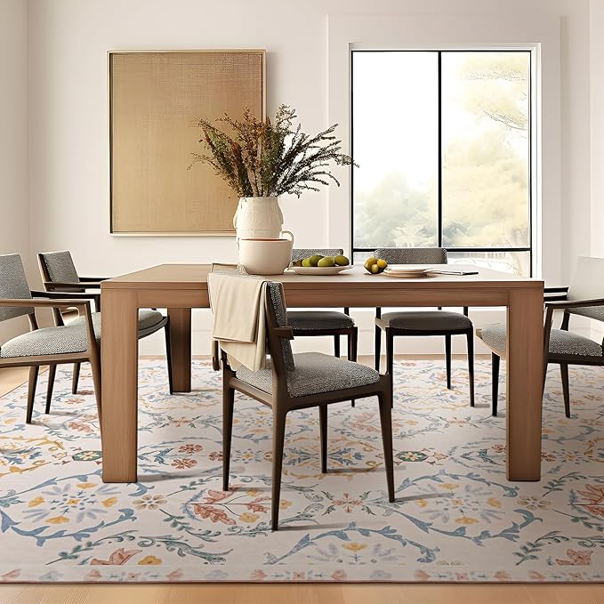 Phantoscope Washable Area Rug 5'x7' Non-Slip, Vintage Floral Boho Rugs for Living Room, Bedroom, DiningRoom, Soft Botanical Moroccan Pattern, Low-Pile Foldable Floor Carpet, Ivory Pink/Boho Garden
