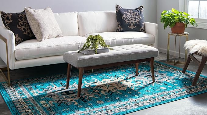 Unique Loom Taftan Collection Border Geometric Tribal Inspired Design Area Rug (9' 10 x 13' 0 Rectangular, Turquoise/ Gray)