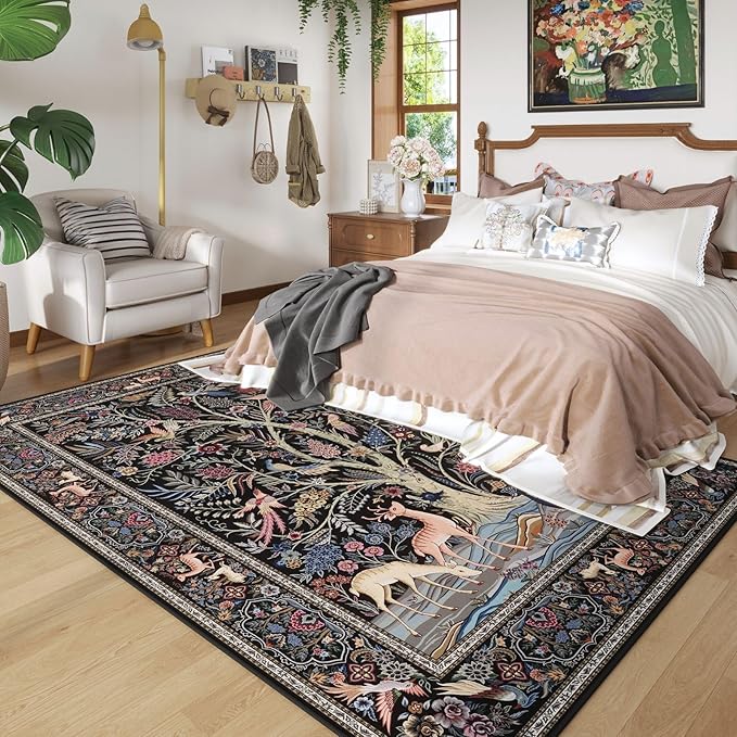Rugcomf Area Rugs 5x7 Vibrant Tree of Life-Patterned Vintage Washable Area Rug Non Slip Low Pile Large Rugs for Living Room Bedroom Farmhouse Dining Room Kids Playroom, Black
