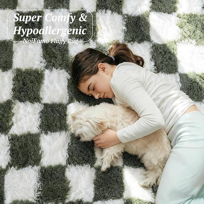 8x10 Area Rugs for Living Room Bedroom, Soft Fluffy Shaggy Bedside Rug, Indoor Floor Carpet for Kids Playroom, Dorms, Nursery Rooms, Home Decor (Olive Green & White 8'x10')