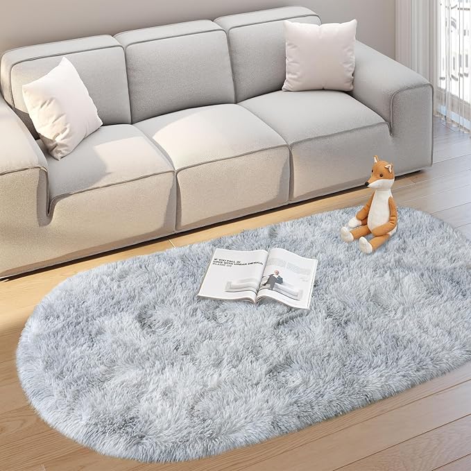 Soft Fluffy Area Rug for Bedroom, Tie-Dye Grey Fuzzy Shaggy Oval Throw Rugs for Bedside, Non-Slip Cozy Plush Shag Carpet for Kids Room Nursery Dorm Living Room, 2.6 x 5.3 Feet