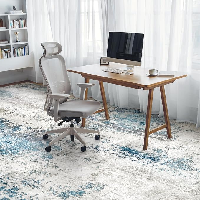 Washable Area Rugs for Living Room 9x12 - Large Neutral Modern Abstract Rug, Soft Low Pile Carpet with Non Slip Backing for Under Dining Room Table, Bedroom, Home, Office, Dorm - Blue Gray