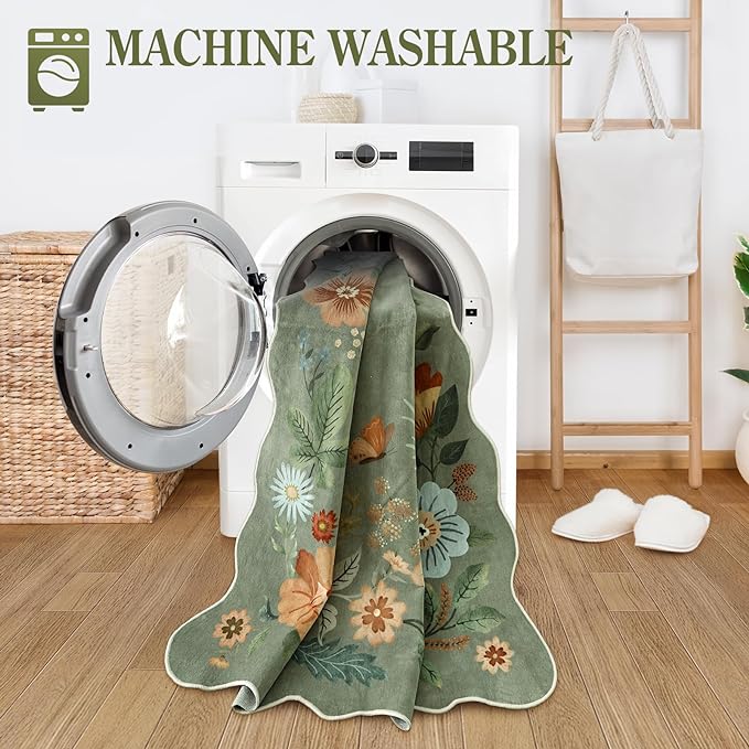 Lahome Floral Washable Rugs, 4X6 Rug for Bedroom Ultra-Thin Soft Dining Room Rug, Non-Slip Living Room Rugs Stain Resistant Boho Rug Lightweight Low-Pile Throw Rug for ‎Office (4x6ft,Green)