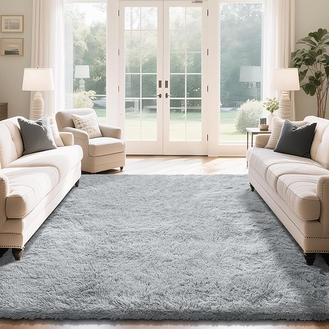 Fluffy Rug Shaggy Area Rug, Grey 8x10 Area Rugs for Living Room, Large Shag Area Rugs for Bedroom Kids Room Home Decor, Upgrade Anti-Skid Rectangular Fuzzy Rugs
