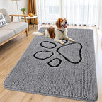 Smiry Dog Door Mat for Muddy Paws, Absorbent Dirt Trapper Non Slip Quick Dry Washable Chenille Mat for Mud Dogs, Entry Rug for Indoor and Outdoor (59x35 Inches, Grey and Black)