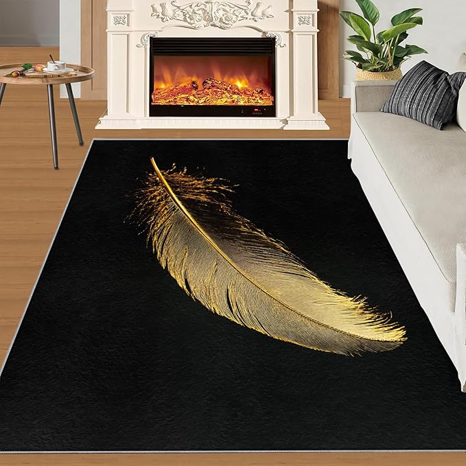 Golden Feathers Rugs for Bedroom - 2x3 Area Rug - Black Gold Feathers Rugs for Living Room, Modern Minimalist Art Rug, Washable Home Decor Carpet