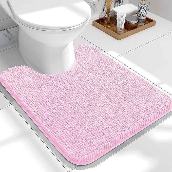 OLANLY Toilet Rugs U-Shaped 24x20, Extra Soft Absorbent Chenille Contour Bathroom Rugs for Toilet, Dry Quickly, Machine Washable, Non-Slip Bath Mat, Pink