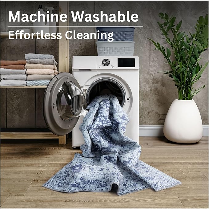 Bloom Rugs Washable Non-Slip 9' x 12' Rug - Gray/Blue Traditional Medallion Area Rug for Living Room, Bedroom, Dining Room, and Kitchen - Exact Size: 9' x 12'