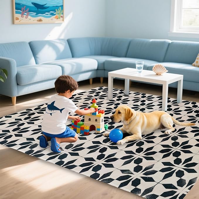 Black Beige Vintage Washable 3x5 Area Rugs for Living Room, Thin Low Pile Contemporary Carpet, Non-Slip Base Lightweight Rug