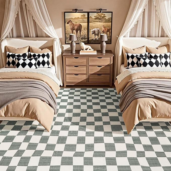 jinchan 8x10 Checkered Area Rugs for Kids Room - Machine Washable Soft Rug Modern Geometric Lattice Non-Slip Carpet for Nursery Playroom Classroom Living Room Bedroom Dining Room Home Office Grey