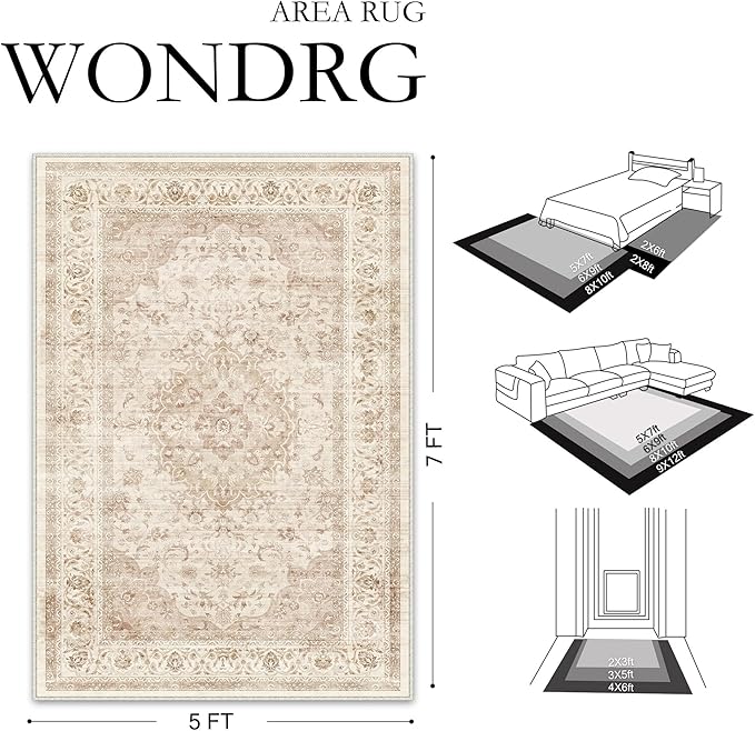 5x7 Beige Washable Vintage Area Rug for Living Room Bedroom Soft Tranditional Non Slip Large Throw Rug Lightweight Floral Low Pile Distressed Carpet Office Playroom Dining Laundry Room