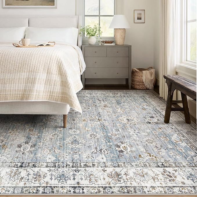 Area Rug 5x7 Living Room Rug, Machine Washable Vintage Distressed Boho Area Rug Non-Slip Soft Low Pile Large Indoor Rugs for Bedroom Kitchen Dining Room Office(Light Blue,5'x7')