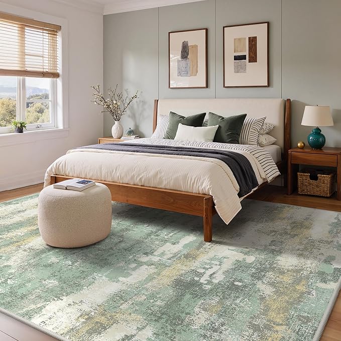 GENIMO Abstract Area Rug 9x12, Washable Large Modern Rug Non Slip, Low Pile Lightweight Soft Carpet for Living Room, Bedroom, Dining Room, Light Green