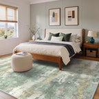 8x10 Area Rugs Washable Green Rug for Living Room Bedroom, Abstract Modern Large Rug Non Slip, Water Repellent Low Pile Soft Carpet for Dining Room, Light Green