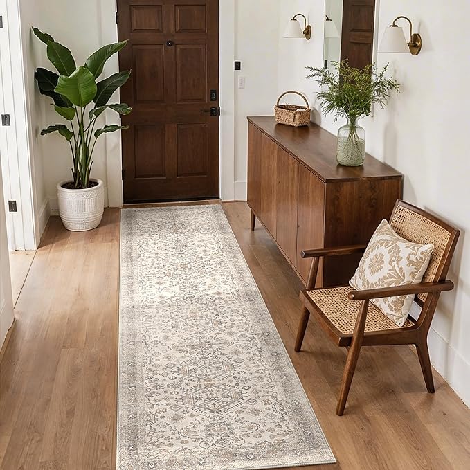 Bavni Washable Runner Rug 2’6”x8’, Non Slip Vintage Hallway Runner, Ultra Thin Low Pile Washable Carpet for Kitchen Entryway Bedroom, Light Taupe Brown