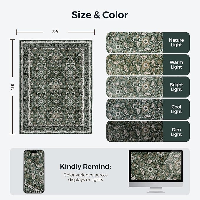 WITSHOCK Living Room Area Rugs 5x8: Soft Non-Slip Backing Washable Rugs Vintage Large Carpet for Bedroom Office Dining Room Kitchen Stain Resistant Home Decor Rug, Dark Green