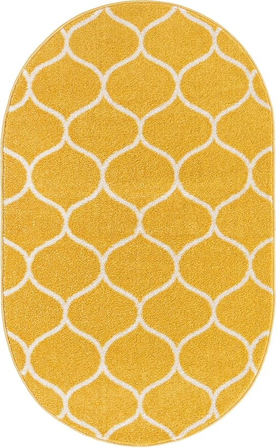 Rugs.com Lattice Frieze Collection Rug – 3' 3 x 5' 3 Oval Yellow Medium Rug Perfect for Living Rooms, Large Dining Rooms, Open Floorplans
