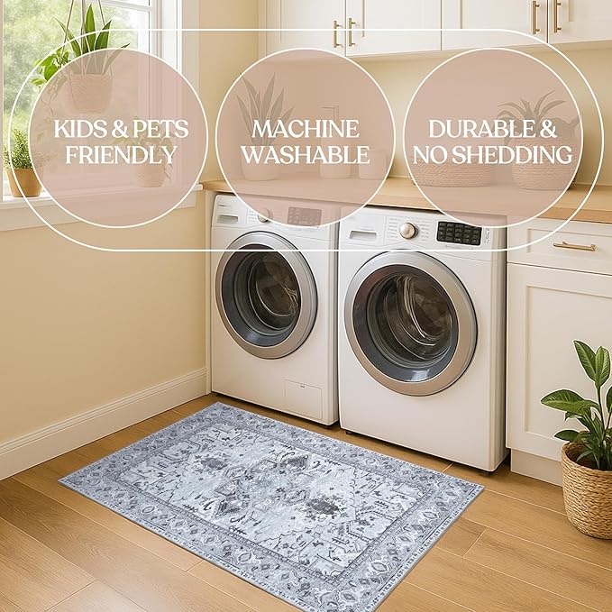 Washable Area Rug. Modern Farmhouse. Vintage. Turkish. Bohemian. Distressed. Oriental. Traditional. Rugs for Living Room. Dining. Bedroom. Office. Entryway. Foyer. (861GG, 2'5" x 6'5")