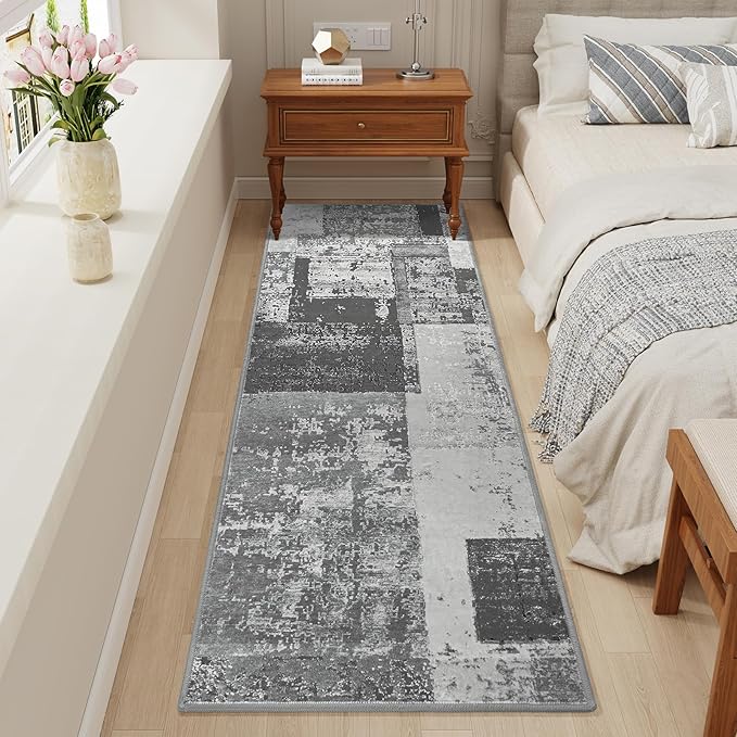 LOCHAS Washable Runner Rugs for Hallway, 2x6 Non Sip Soft Rug for Bedroom Entryway Kitchen Laundry Room, Long Abstract Carpet for Indoor Floor Bedside, Grey Geometric Vintage Decor, Pet & kid Friendly