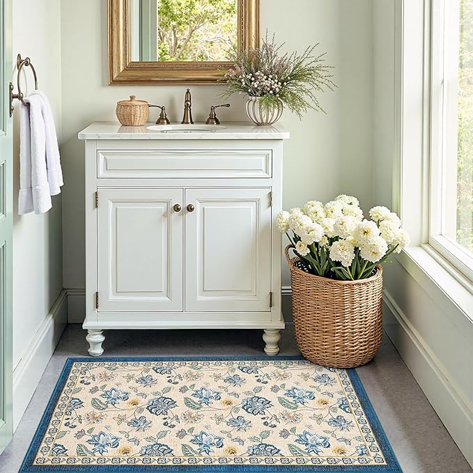 jinchan Elora 3x5 Floral Rug for Entryway Washable Rug Vintage Romance Design Small Mat Non Slip Indoor Doormat Lightweight Low-Profile Throw Carpet for Entrance Bathroom Laundry Room, Blue/Beige