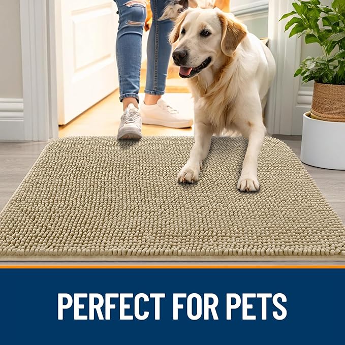 OLANLY Dog Door Mat for Muddy Paws 47x32, Absorbs Moisture and Dirt, Absorbent Non-Slip Washable Doormat, Quick Dry Chenille Mud Mat for Dogs, Entry Indoor Entryway Carpet for Inside Floor, Beige
