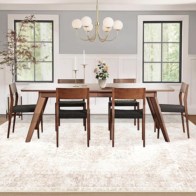 Vintage Living Room Area Rug - 8x10 Large Machine Washable Boho Moroccan Rug Distressed Farmhouse Rugs for Bedroom - Soft Non-Slip Indoor Carpet for Dining Room Office Nursery(Retro Beige, 8'x10')