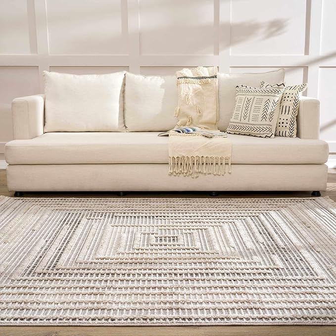 Hauteloom Lunao Living Room, Bedroom Area Rug - Farmhouse - Charcoal,Cream,Peach - 8'10" x 12'