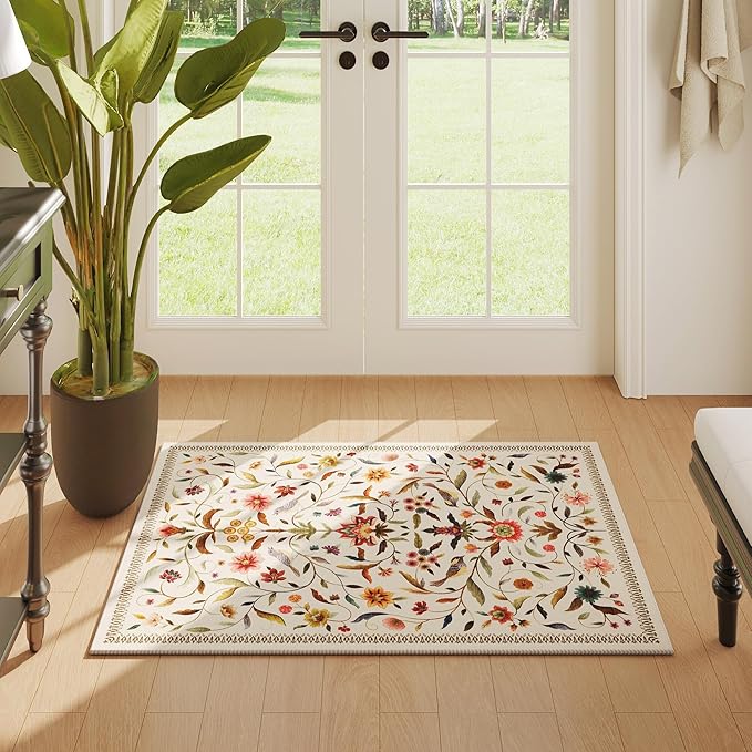 Vintage Medallion Floral Indoor Door Mat 2x3, Machine Washable Entryway Rug, Low Pile Soft Small Carpet, Non-Slip Area Rug for Entrance, Bedroom, Kitchen & Kids Room | Beige