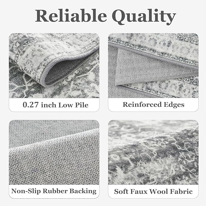 Vintage Neutral Large Area Rugs 9x12 for Living Room, Retro Grey Carpet Rug for Bedroom Dining Room, Washable Rug with Rubber Backing Low Pile Thin Soft for Family Room