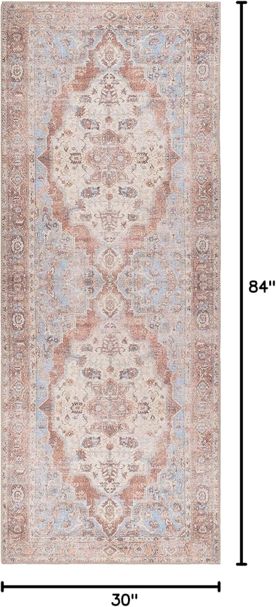 GLN Rugs Traditional Collection - Machine Washable Area Rug, Traditional Washable, Non Slip, Low Pile Chenille Rug, Living Room, Bedroom, Kitchen Rug (2'6" x 7' Brown/Blue)