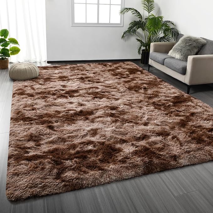 Large Shag Area Rugs 5 x 8, Tie-Dyed Plush Fuzzy Rugs for Living Room, Ultra Soft Fluffy Furry Rug for Bedroom, Indoor Carpet Nursery Rugs for Kids Room Home Decor, Coffee