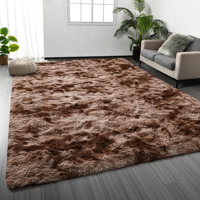 Shag Area Rug, 4 X 6 Tie-Dyed Plush Fuzzy Rugs for Living Room, Ultra Soft Fluffy Furry Rug for Bedroom, Indoor Carpet Nursery Rugs for Kids Room Home Decor, Coffee