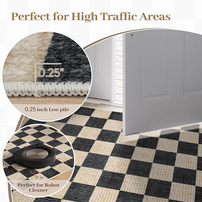 LIVEBOX Checkered Round Rug 4 Ft Washable Area Rug for Playroom, Kids Non-Slip Neutral Classic Circle Rug Geometric Large Carpet Soft Boys Rug for Classroom Dorm Bedroom(Black,120R)