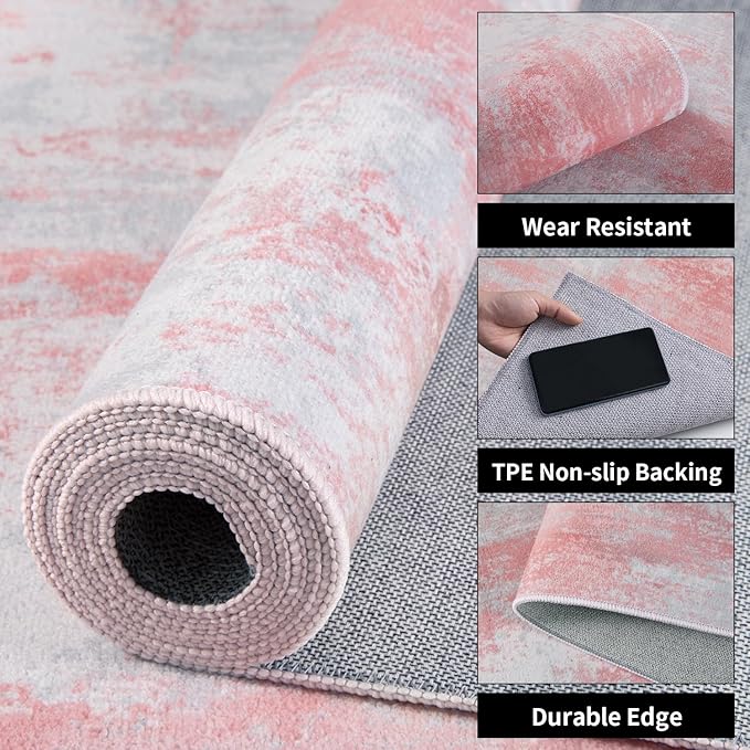Ciicool 2x6 Washable Runner Rug, Modern Abstract Hallway Rugs Runner, Non-Slip Thin Accent Rug Lightweight Pink Gray Print Distressed Carpet for Laundry Entryway Bedroom Kitchen Indoor