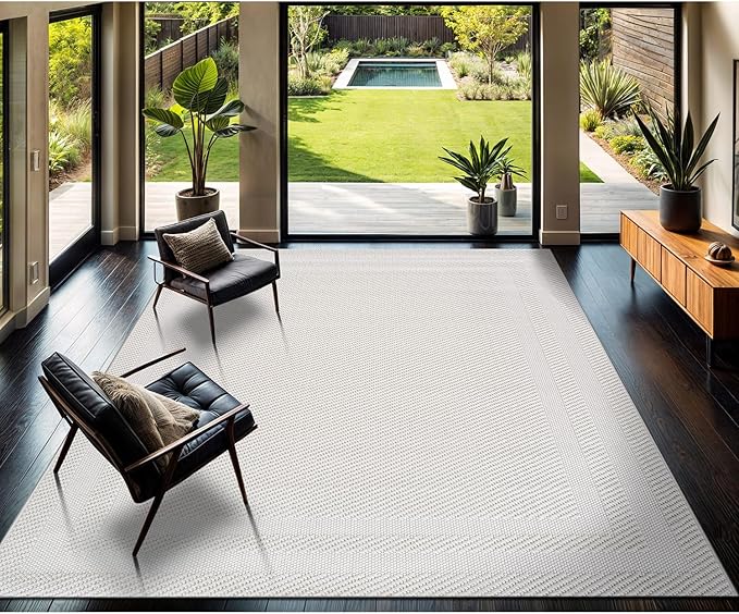 CAMILSON Micro Loop Rug 6x9 Modern Luxury Bordered Area Rugs Soft High and Low Pile Stain Resistant Easy-Cleaning Non-Shedding for Living Room Office Indoor Carpet (6 x 9 / White)
