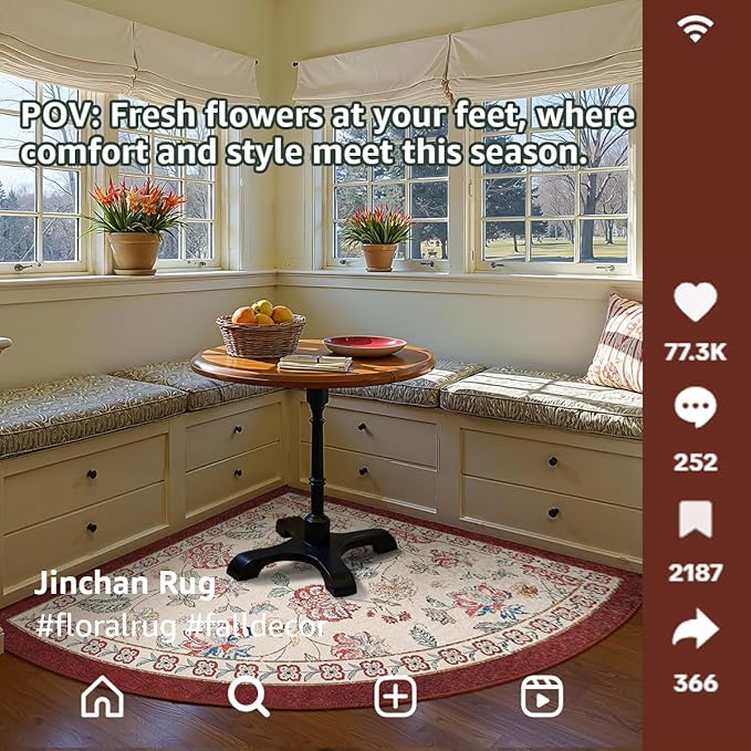 jinchan Elora Floral Corner Rug for Living Room Washable Bedroom Rug Vintage Romance Design Non Slip Quarter Circle Lightweight Low-Pile Throw Carpet for Reading Nook Playroom,6ft Radius, Red/Beige